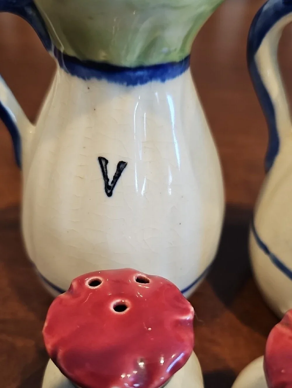 Cruet/Condiment 4 Piece Set Vintage Ceramic Hand Painted Japan Blue Bows Cottage
